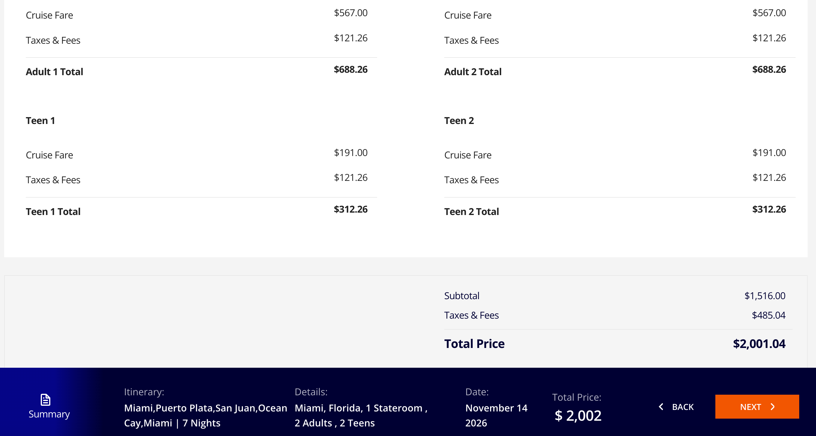 Screenshot of Cruise website fares