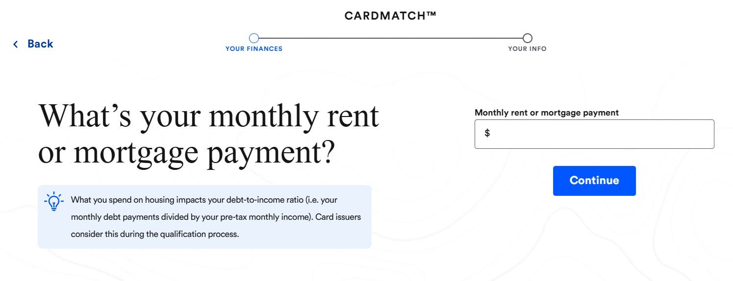 Screenshot showing the next step in CardMatch -- What are your housing costs?