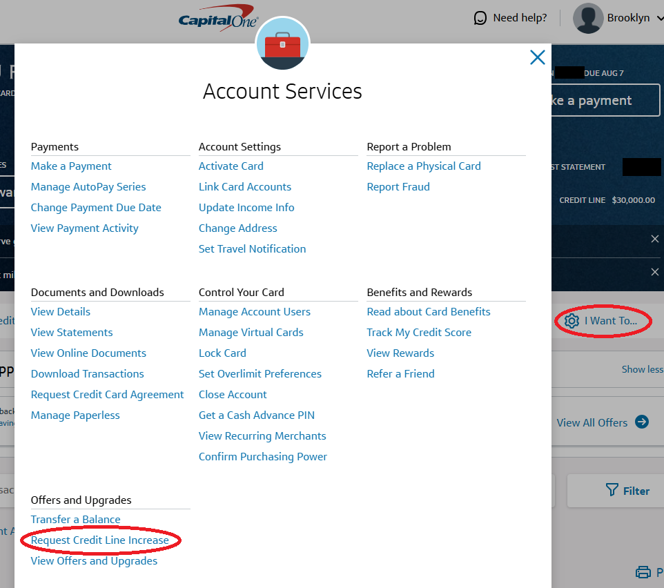 Image showing where you can make a credit limit increase request on Capital One's website. 