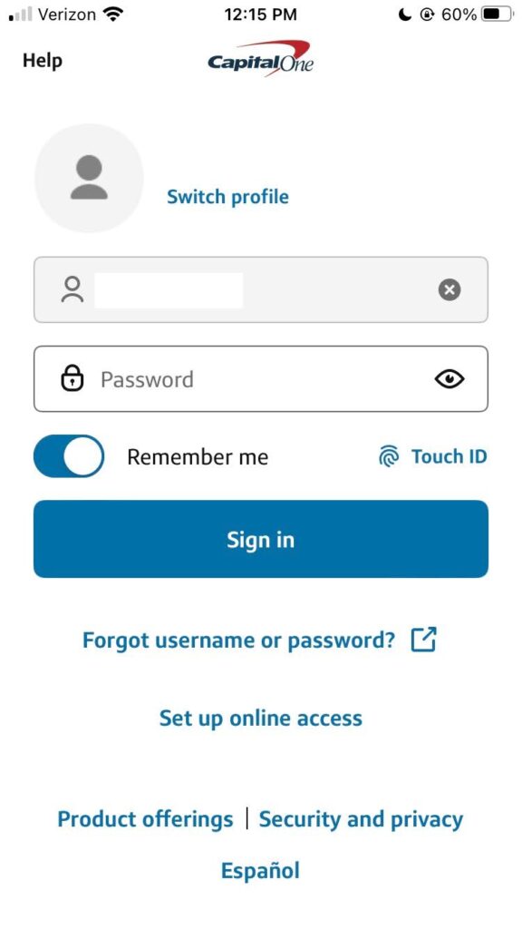 Screenshot of the Login screen on the Capital One mobile app
