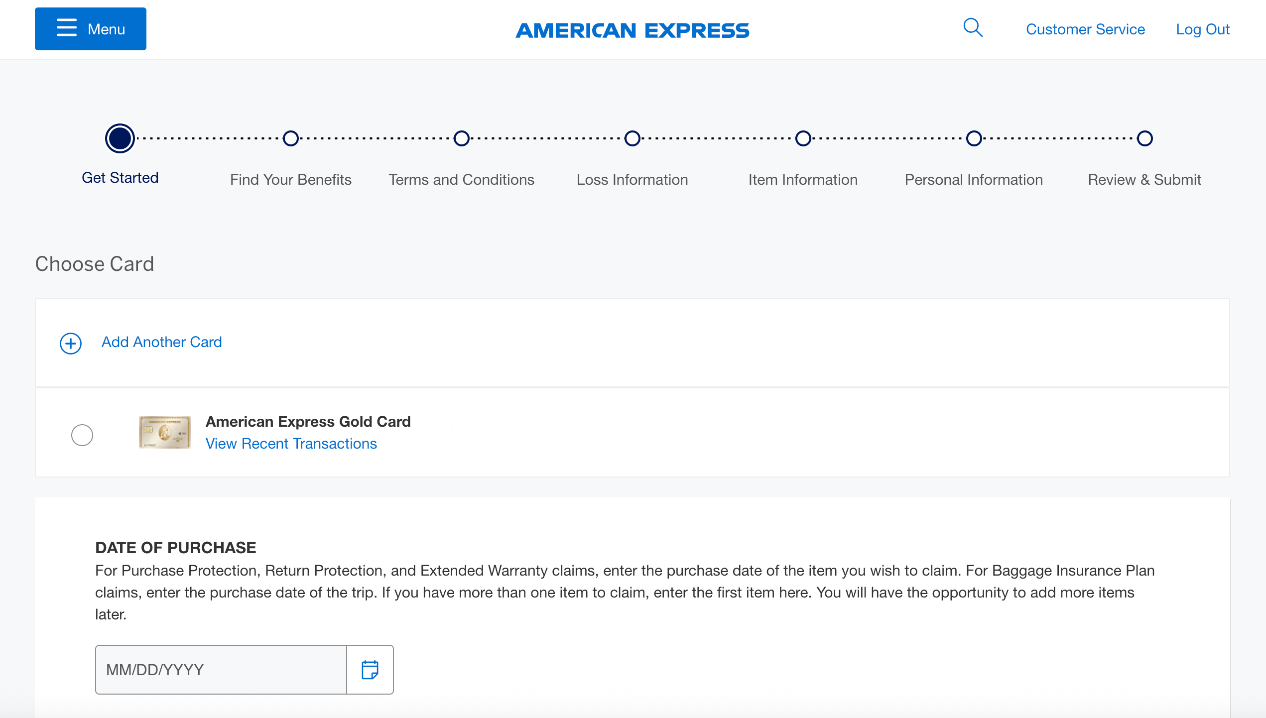 Screenshot of Amex Purchase Claim page