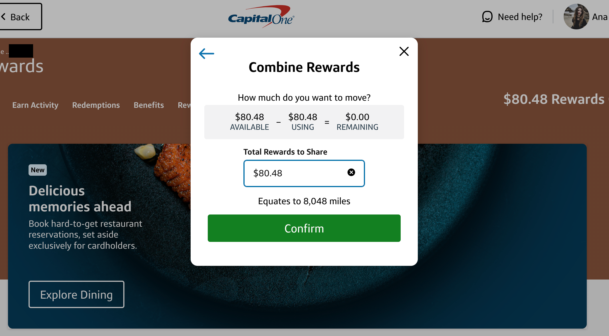 Screenshot of a confirmation prompt to combine Capital One miles